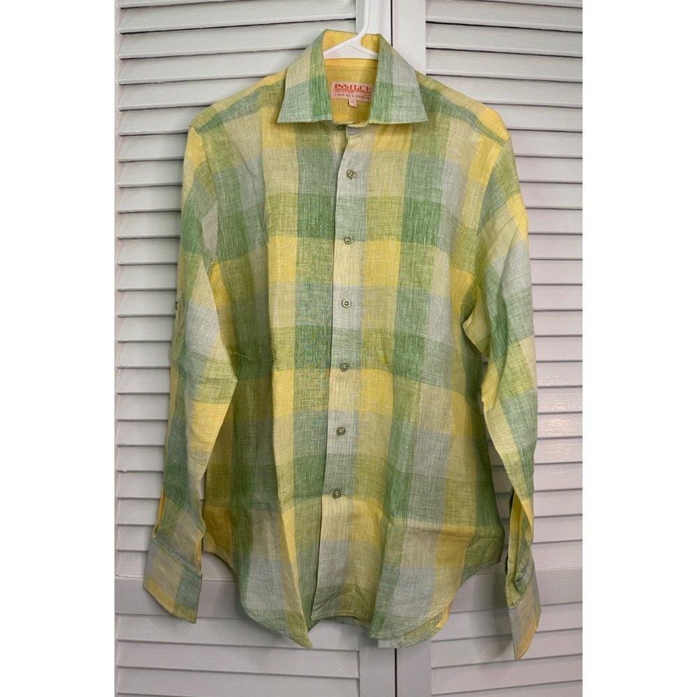 Inserch Collezione Size M 100% Linen Yellow & Green Plaid Button Up Shirt